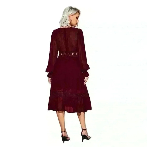 Red Wine Eyelet Midi Dress, Sheer Long Sleeves, Size 4/S - Picture 2 of 6